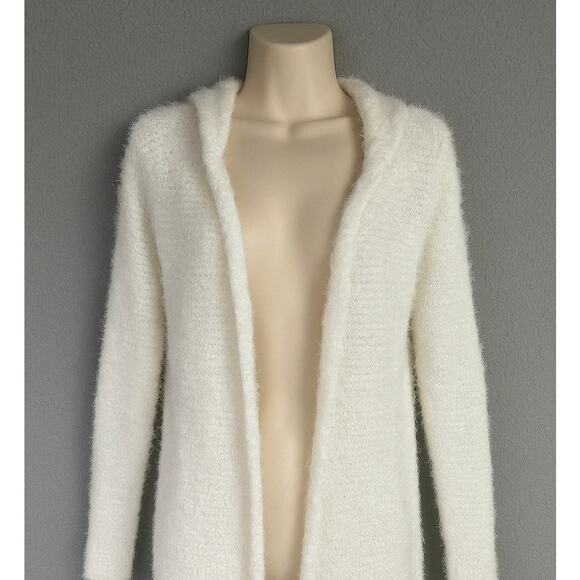 Mudd White Fuzzy Hooded Open Front Cardigan Sweater Women’s Size M Cozy Knit‎ - Picture 1 of 11